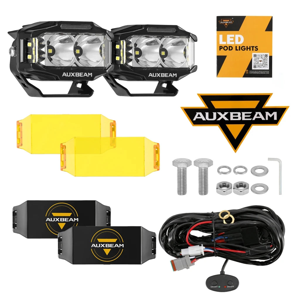 AUXBEAM, 4x2.5 inch LED Work Light, 72W, Spot Flood Combo Spotlights, Pod with Double-Side Shooter Lights, Amber DRL, Wire Harness