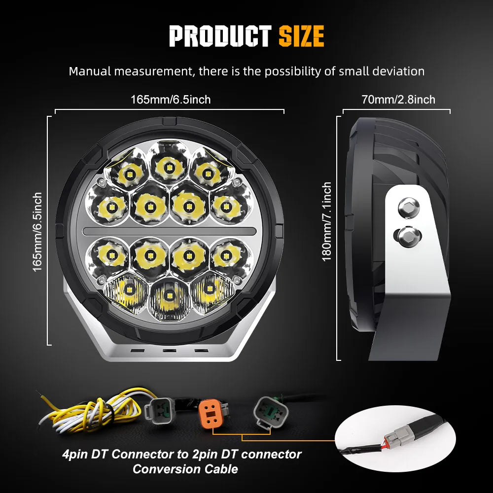 6.5inch 60000LM LED Work Light, Flood/Spot/Beam, Round Driving Spotlight With Daytime Running Lamp, 12V/24V