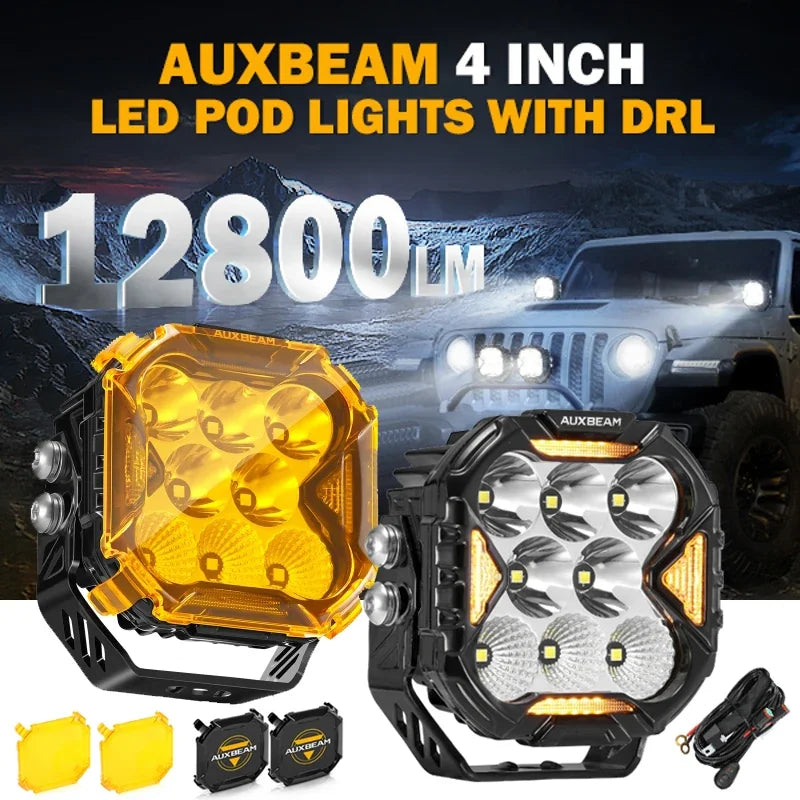 AUXBEAM, 4 Inch, 112W LED Cube Driving Light with Harness, Spot/Flood/Combo Beam