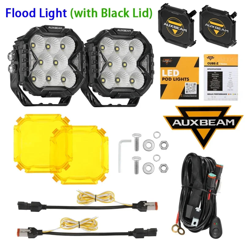 AUXBEAM, 4 Inch, 112W LED Cube Driving Light with Harness, Spot/Flood/Combo Beam