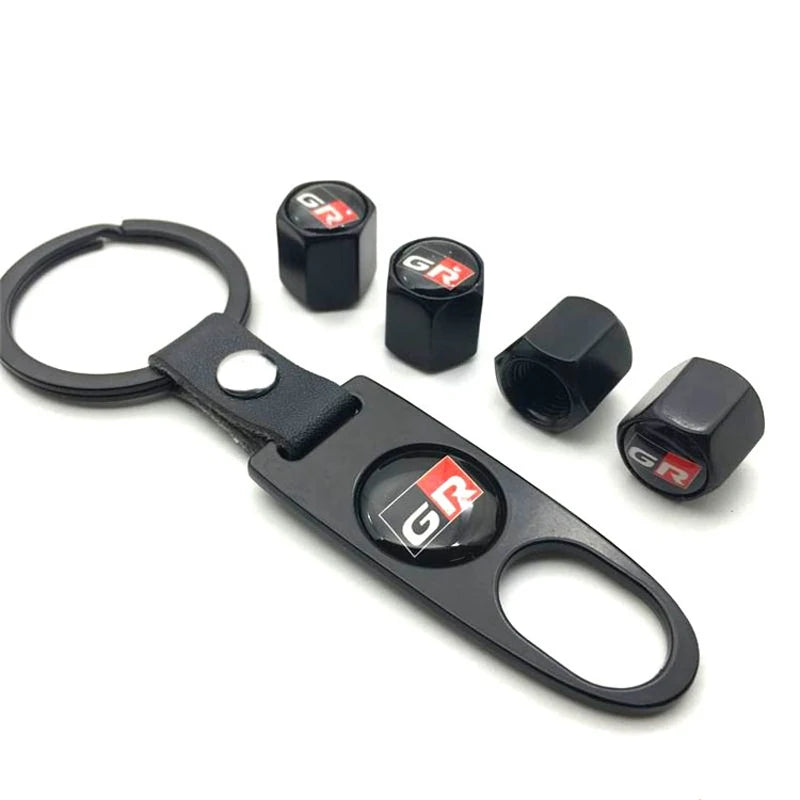 4PCS/Set GR Car Logo Metal Tire Valve Cover & Key Holder, Black/Silver, Toyota Hilux