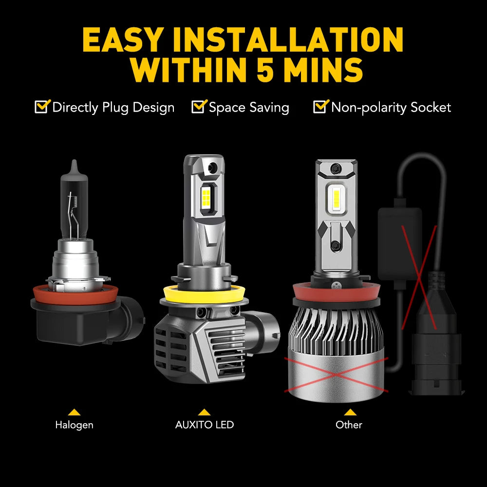AUXITO, 2Pcs, 22000LM, Turbo H8 H9 H11 LED Headlight, 120W, 6500K, H7, 9005 HB3, 9012 HIR2, LED Headlamp Bulb, 12V