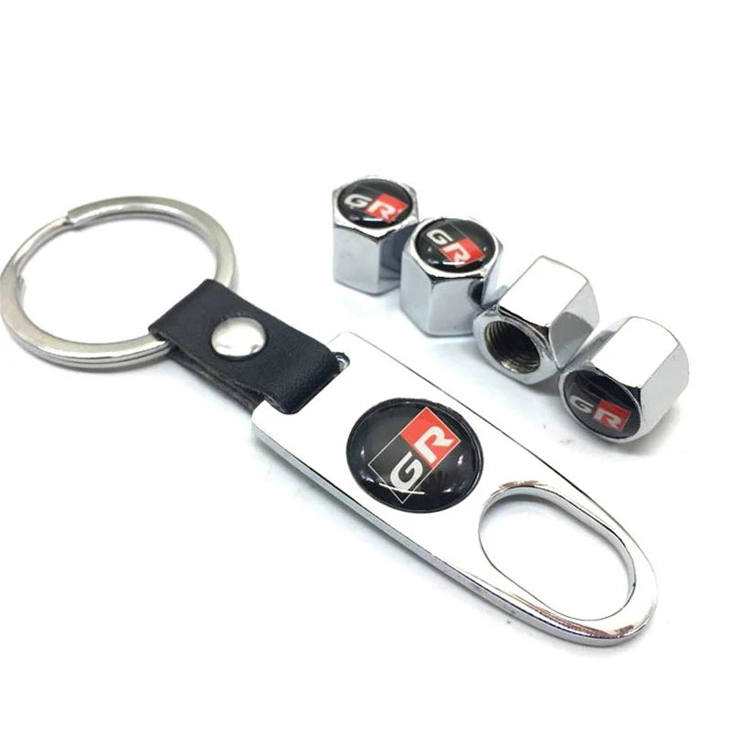 4PCS/Set GR Car Logo Metal Tire Valve Cover & Key Holder, Black/Silver, Toyota Hilux