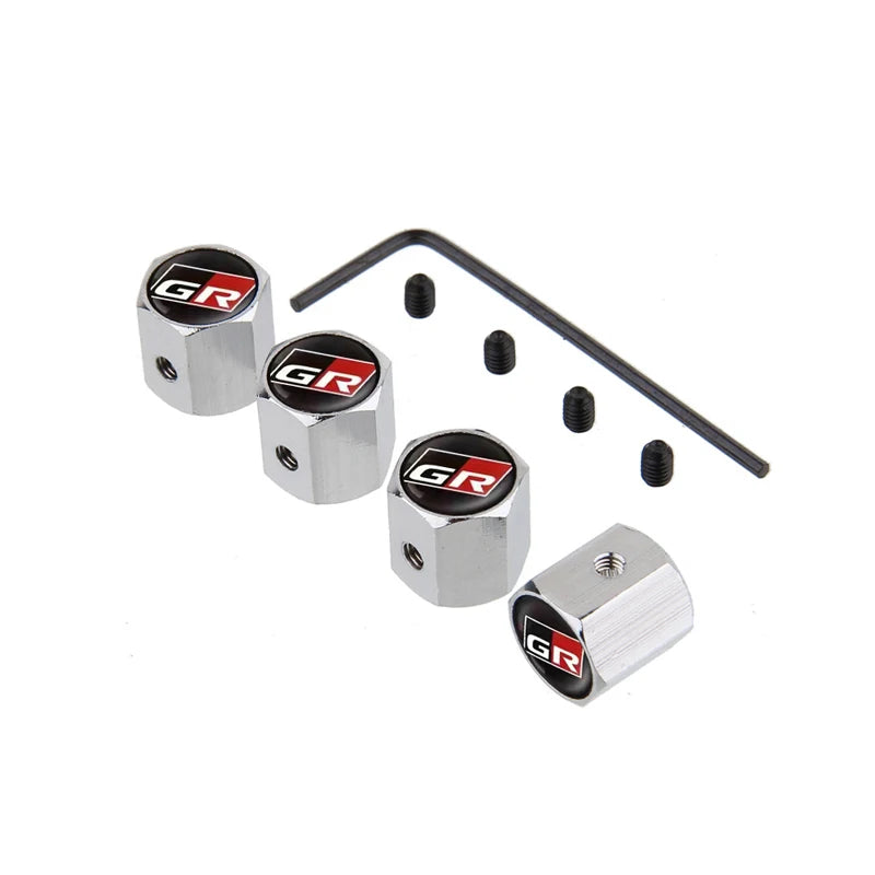 4PCS/Set GR Car Logo Metal Tire Valve Cover & Key Holder, Black/Silver, Toyota Hilux