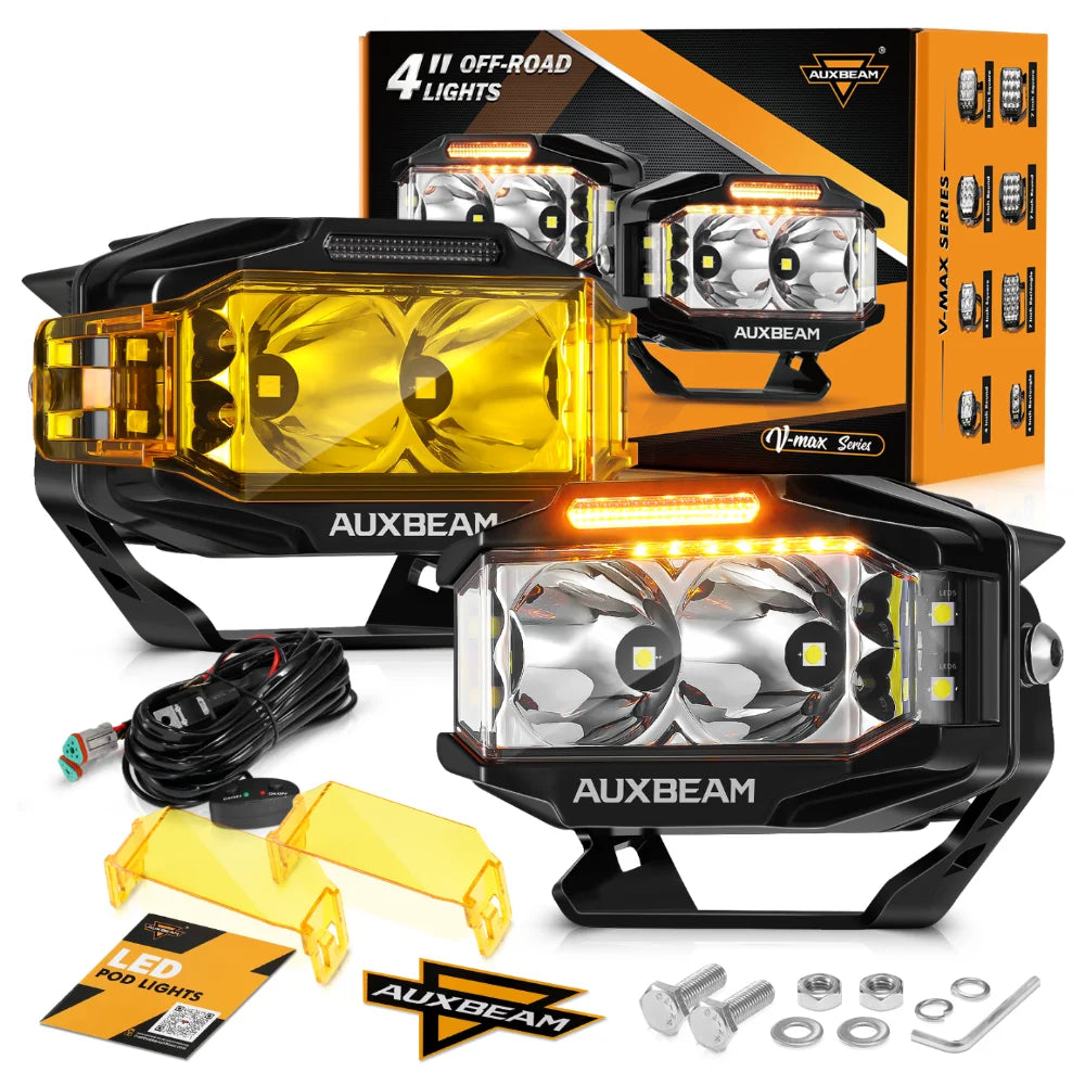 AUXBEAM, 4x2.5 inch LED Work Light, 72W, Spot Flood Combo Spotlights, Pod with Double-Side Shooter Lights, Amber DRL, Wire Harness
