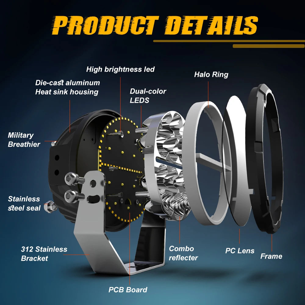6.5inch 60000LM LED Work Light, Flood/Spot/Beam, Round Driving Spotlight With Daytime Running Lamp, 12V/24V