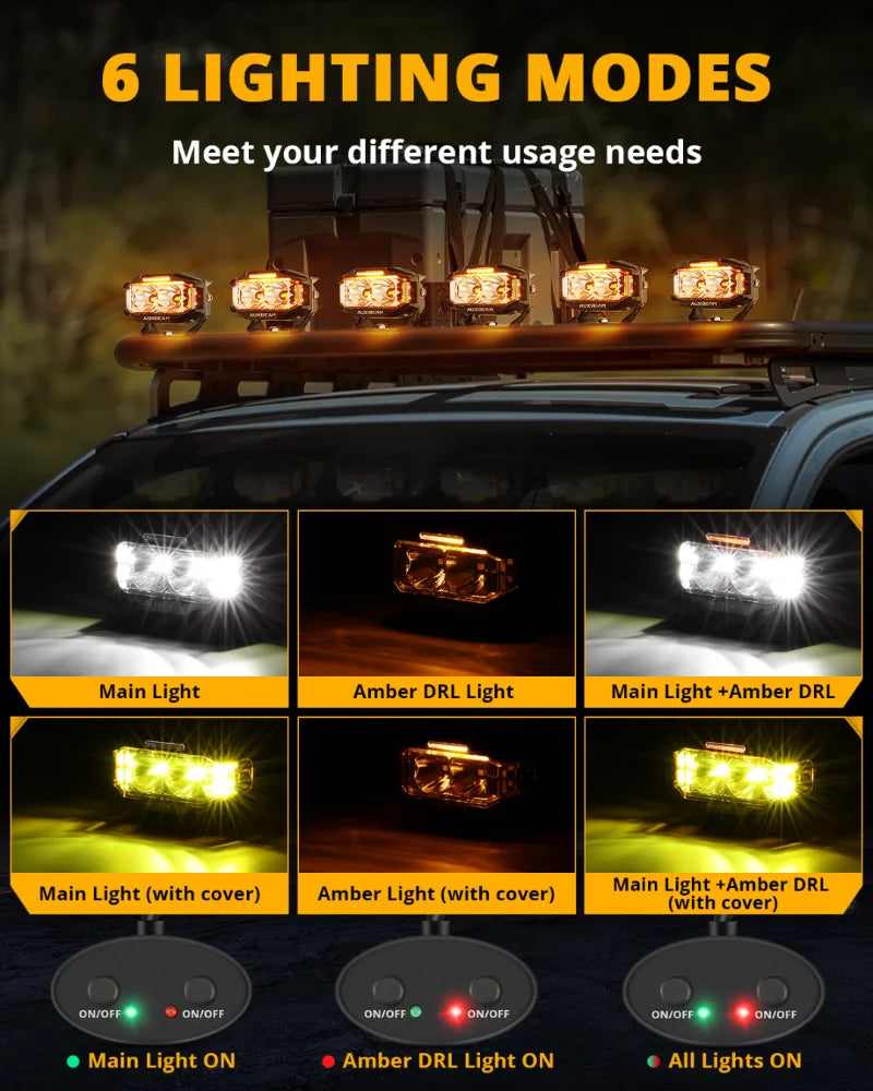 AUXBEAM, 4x2.5 inch LED Work Light, 72W, Spot Flood Combo Spotlights, Pod with Double-Side Shooter Lights, Amber DRL, Wire Harness