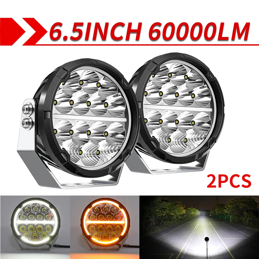 6.5inch 60000LM LED Work Light, Flood/Spot/Beam, Round Driving Spotlight With Daytime Running Lamp, 12V/24V