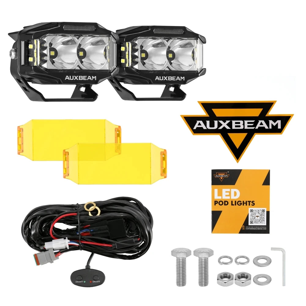 AUXBEAM, 4x2.5 inch LED Work Light, 72W, Spot Flood Combo Spotlights, Pod with Double-Side Shooter Lights, Amber DRL, Wire Harness