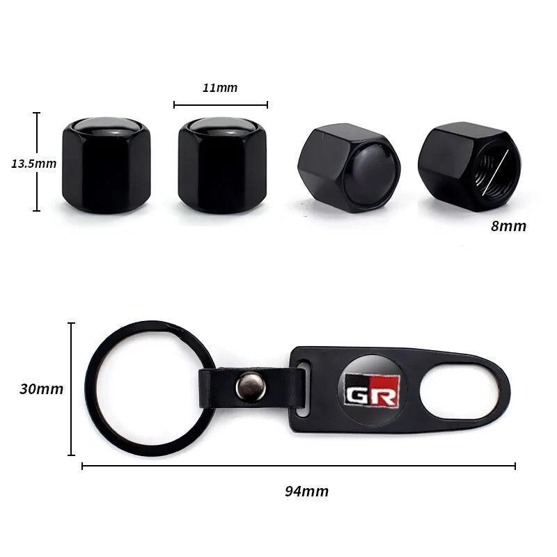 4PCS/Set GR Car Logo Metal Tire Valve Cover & Key Holder, Black/Silver, Toyota Hilux