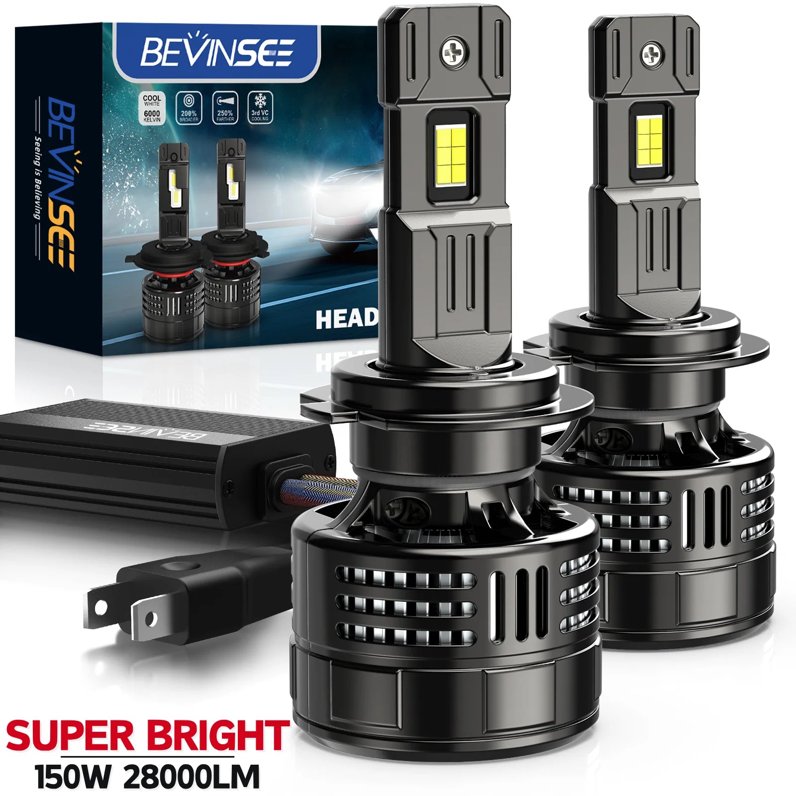 Bevinsee V55, LED High Power Headlight Bulb, 28000LM, 150W, Super Bright, 12V