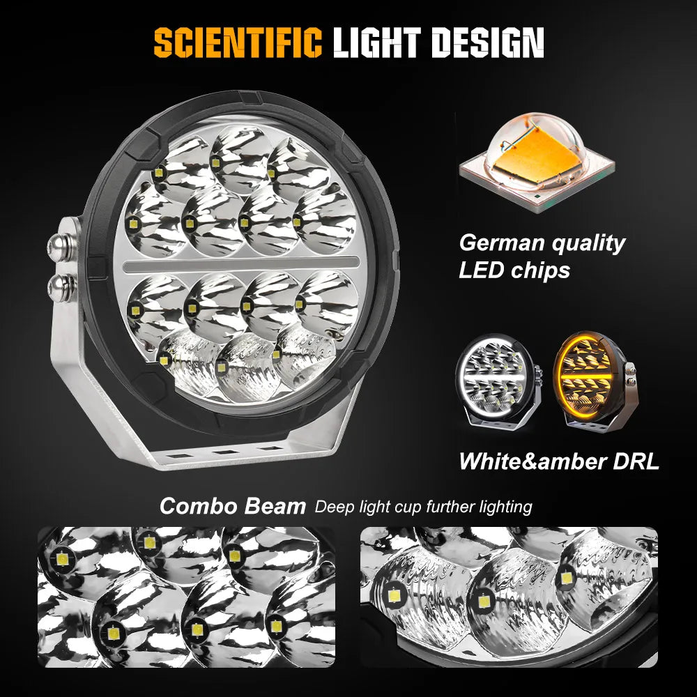 6.5inch 60000LM LED Work Light, Flood/Spot/Beam, Round Driving Spotlight With Daytime Running Lamp, 12V/24V