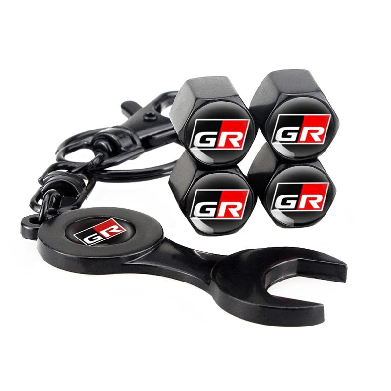 4PCS/Set GR Car Logo Metal Tire Valve Cover & Key Holder, Black/Silver, Toyota Hilux