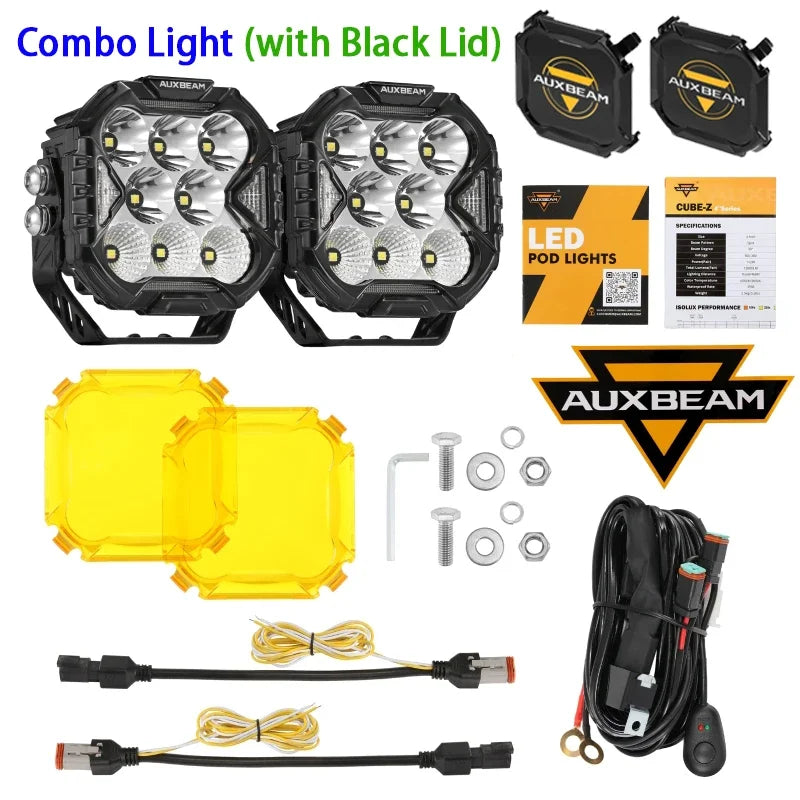 AUXBEAM, 4 Inch, 112W LED Cube Driving Light with Harness, Spot/Flood/Combo Beam