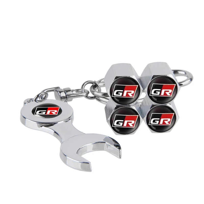 4PCS/Set GR Car Logo Metal Tire Valve Cover & Key Holder, Black/Silver, Toyota Hilux