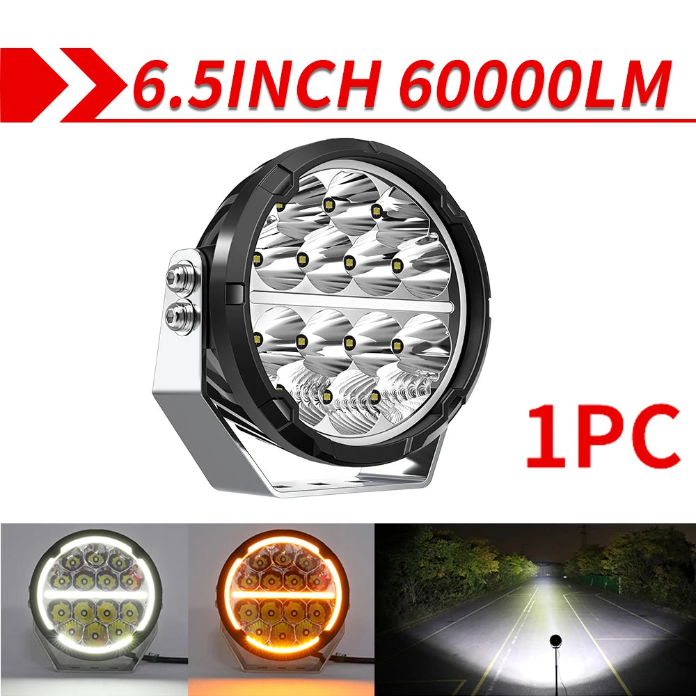6.5inch 60000LM LED Work Light, Flood/Spot/Beam, Round Driving Spotlight With Daytime Running Lamp, 12V/24V