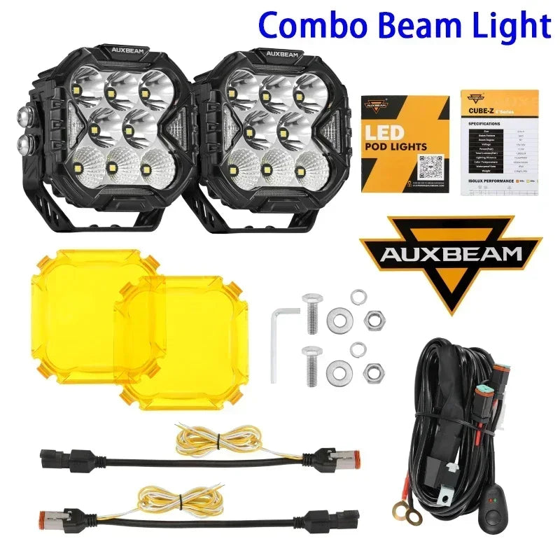 AUXBEAM, 4 Inch, 112W LED Cube Driving Light with Harness, Spot/Flood/Combo Beam