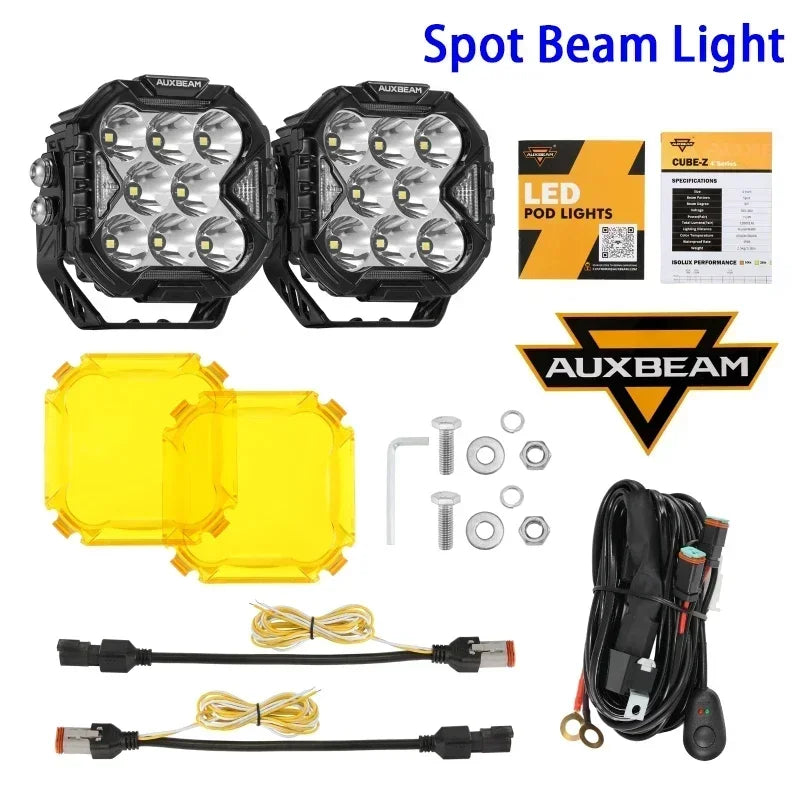 AUXBEAM, 4 Inch, 112W LED Cube Driving Light with Harness, Spot/Flood/Combo Beam
