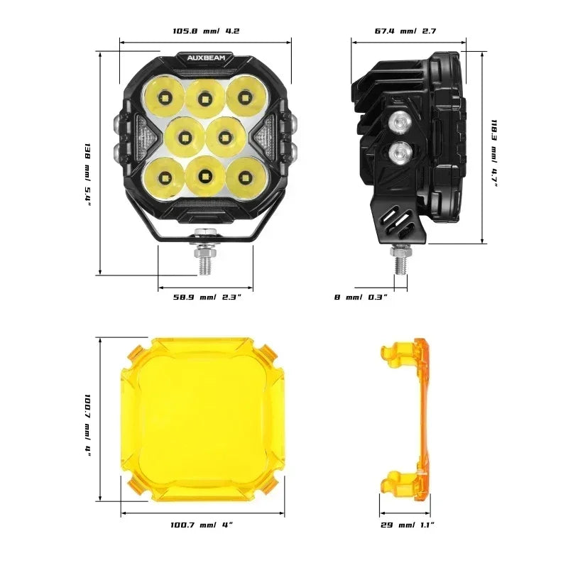 AUXBEAM, 4 Inch, 112W LED Cube Driving Light with Harness, Spot/Flood/Combo Beam