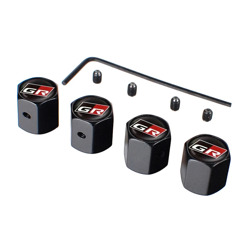 4PCS/Set GR Car Logo Metal Tire Valve Cover & Key Holder, Black/Silver, Toyota Hilux