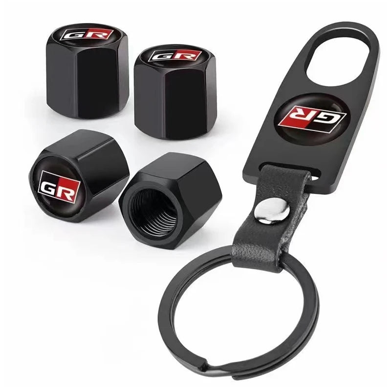 4PCS/Set GR Car Logo Metal Tire Valve Cover & Key Holder, Black/Silver, Toyota Hilux
