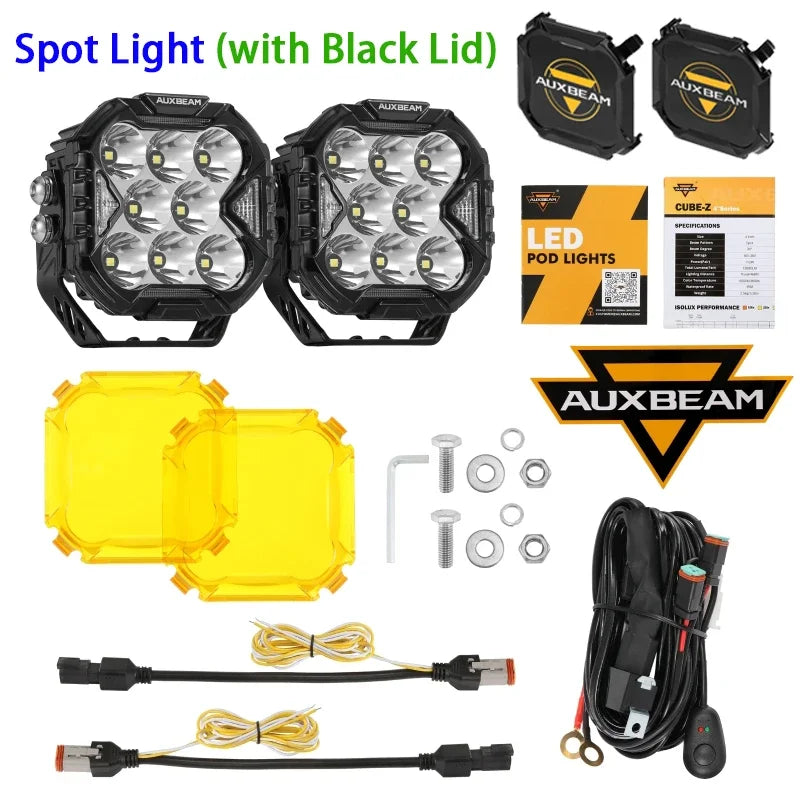 AUXBEAM, 4 Inch, 112W LED Cube Driving Light with Harness, Spot/Flood/Combo Beam