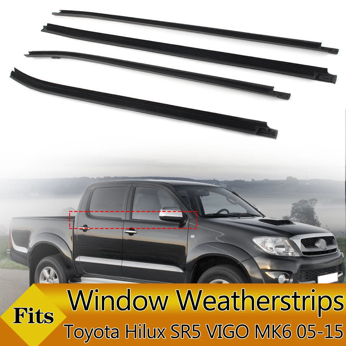 Outer Windows Rubber Belt Strip, Waterproof Seal, 4Pcs, Toyota Hilux Vigo, 2005-2015