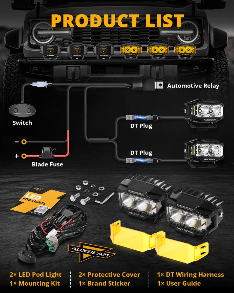 AUXBEAM, 4x2.5 inch LED Work Light, 72W, Spot Flood Combo Spotlights, Pod with Double-Side Shooter Lights, Amber DRL, Wire Harness