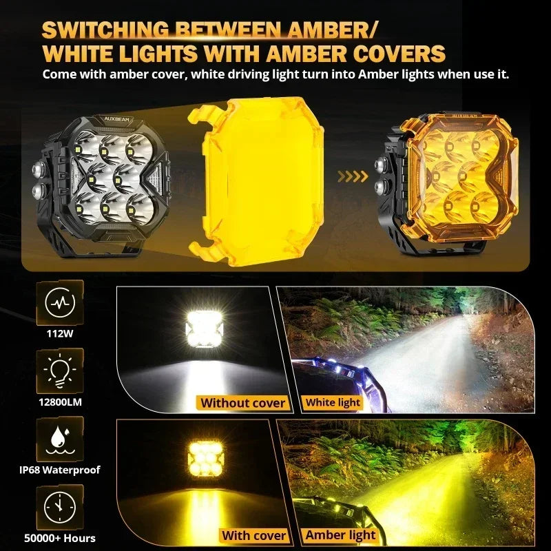 AUXBEAM, 4 Inch, 112W LED Cube Driving Light with Harness, Spot/Flood/Combo Beam